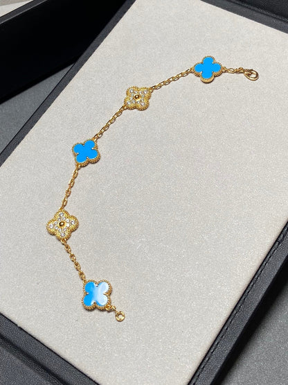 [Clover Jewelrys]CLOVER 5 MOTIF BLUE CHALCEDONY DIAMOND GOLD BRACELET