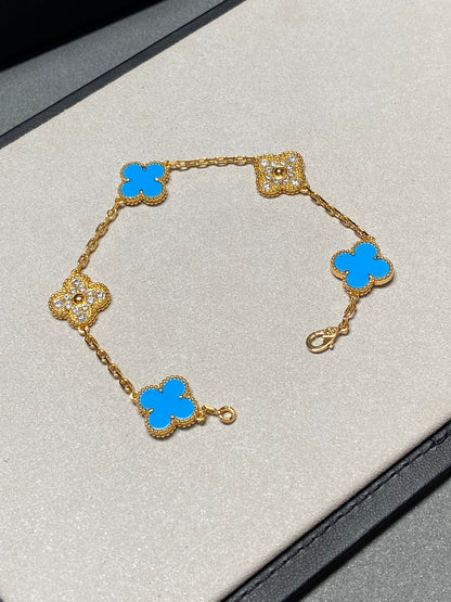 [Clover Jewelrys]CLOVER 5 MOTIF BLUE CHALCEDONY DIAMOND GOLD BRACELET