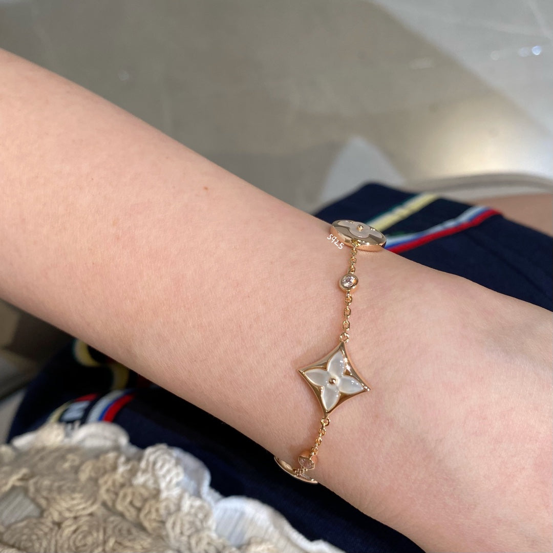 [Clover Jewelrys]STAR AND SUN 4 MOTIF WHITE MOP PINK GOLD BRACELET