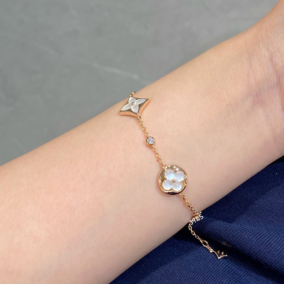 [Clover Jewelrys]STAR AND SUN 4 MOTIF WHITE MOP PINK GOLD BRACELET