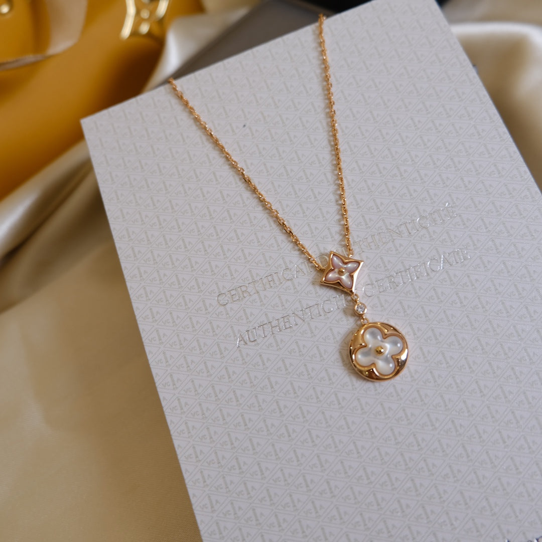 [Clover Jewelrys]STAR AND SUN WHITE MOP 2 MOTIF PINK GOLD NECKLACE