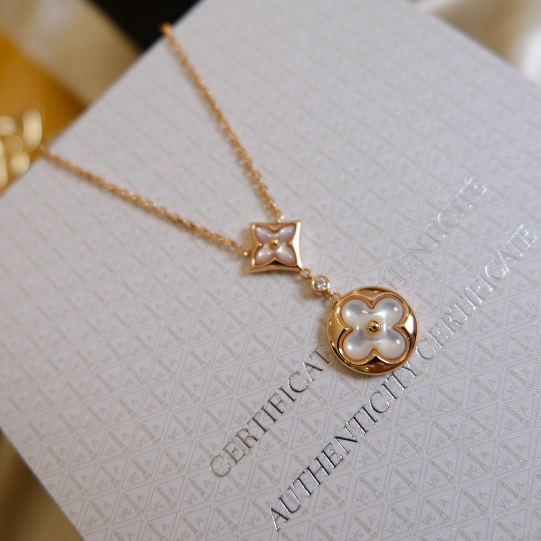 [Clover Jewelrys]STAR AND SUN WHITE MOP 2 MOTIF PINK GOLD NECKLACE