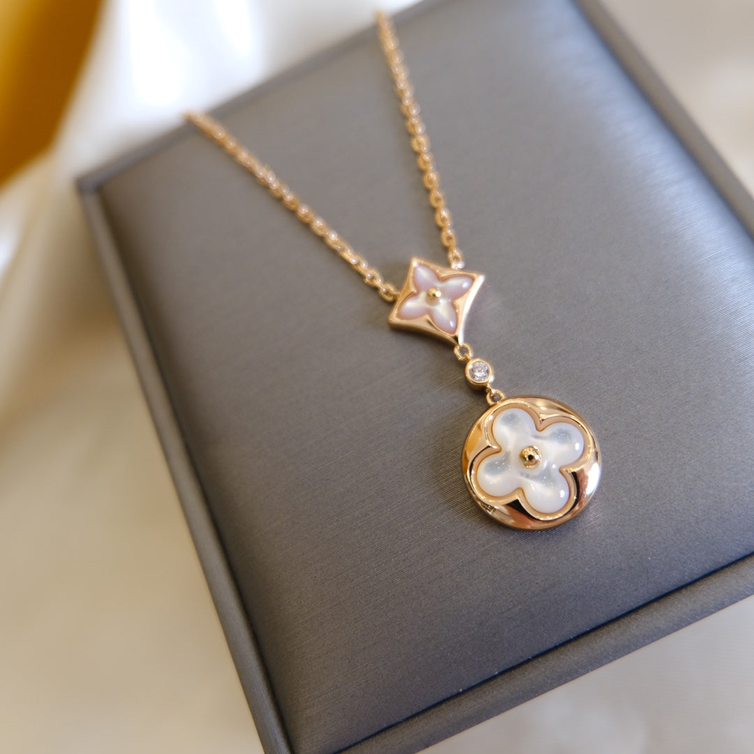 [Clover Jewelrys]STAR AND SUN WHITE MOP 2 MOTIF PINK GOLD NECKLACE