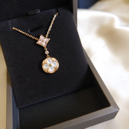 [Clover Jewelrys]STAR AND SUN WHITE MOP 2 MOTIF PINK GOLD NECKLACE