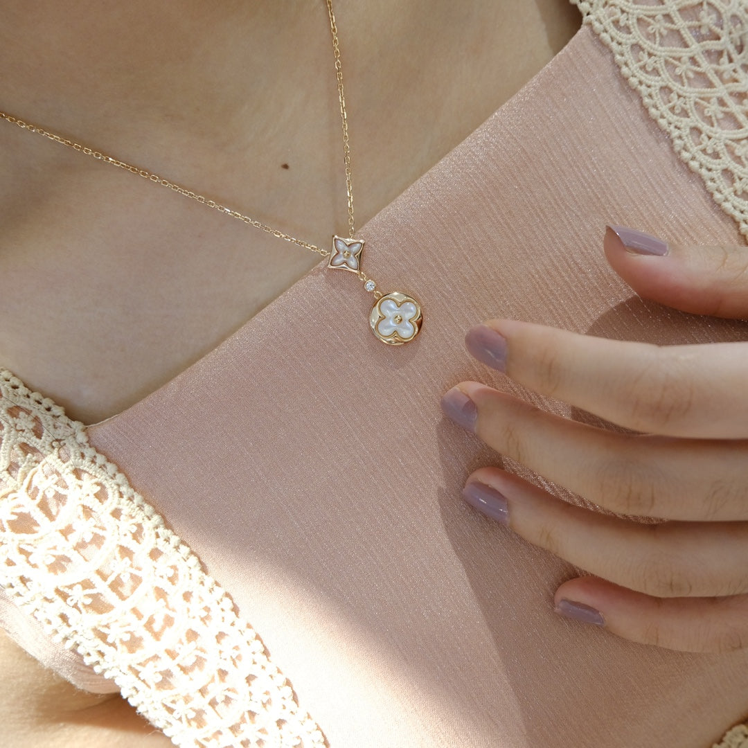 [Clover Jewelrys]STAR AND SUN WHITE MOP 2 MOTIF PINK GOLD NECKLACE