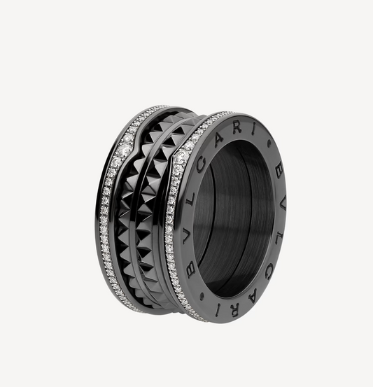 [Clover Jewelrys]ZERO 1 ROCK FOUR-BAND BLACK CERAMIC WITH STUDDED SPIRAL AND PAVED DIAMONDS RING