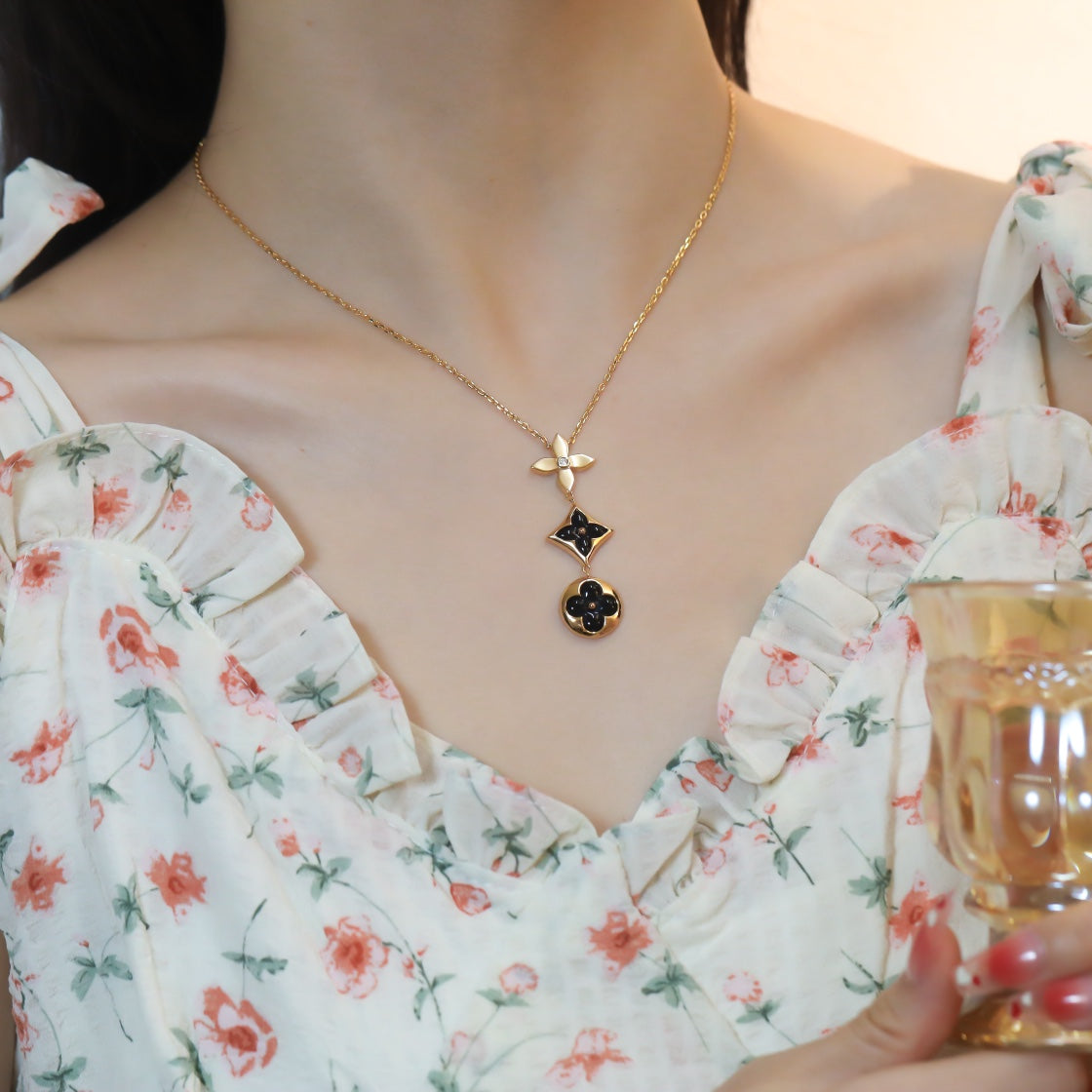 [Clover Jewelrys]STAR AND SUN ONYX PINK GOLD NECKLACE