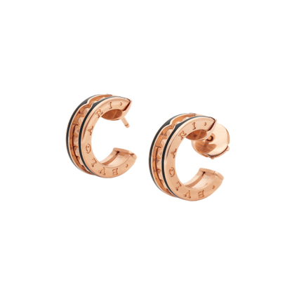 [Clover Jewelrys]ZERO 1 ROCK PINK GOLD EARRINGS WITH STUDDED SPIRAL AND BLACK CERAMIC