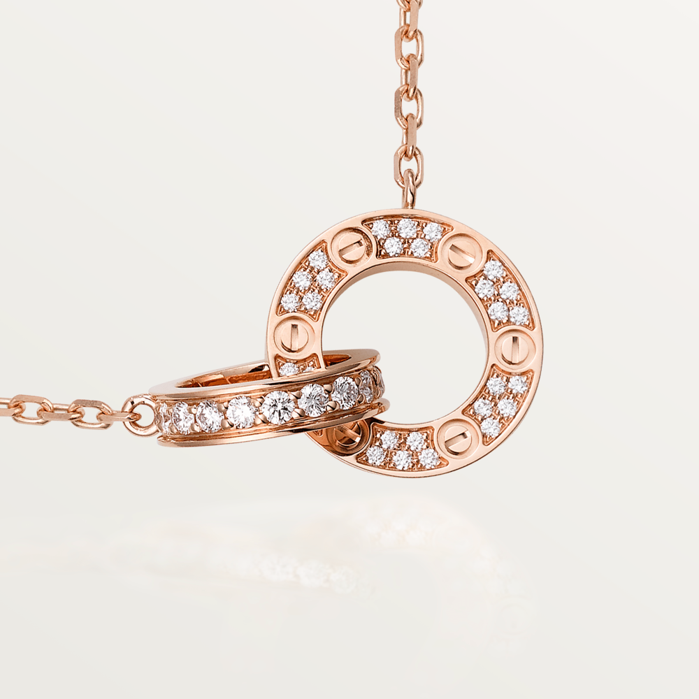 [Clover Jewelrys]LOVE 7.6MM NECKLACE ROSE GOLD AND SILVER  FULL DIAMOND