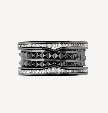 [Clover Jewelrys]ZERO 1 ROCK FOUR-BAND BLACK CERAMIC WITH STUDDED SPIRAL AND PAVED DIAMONDS RING