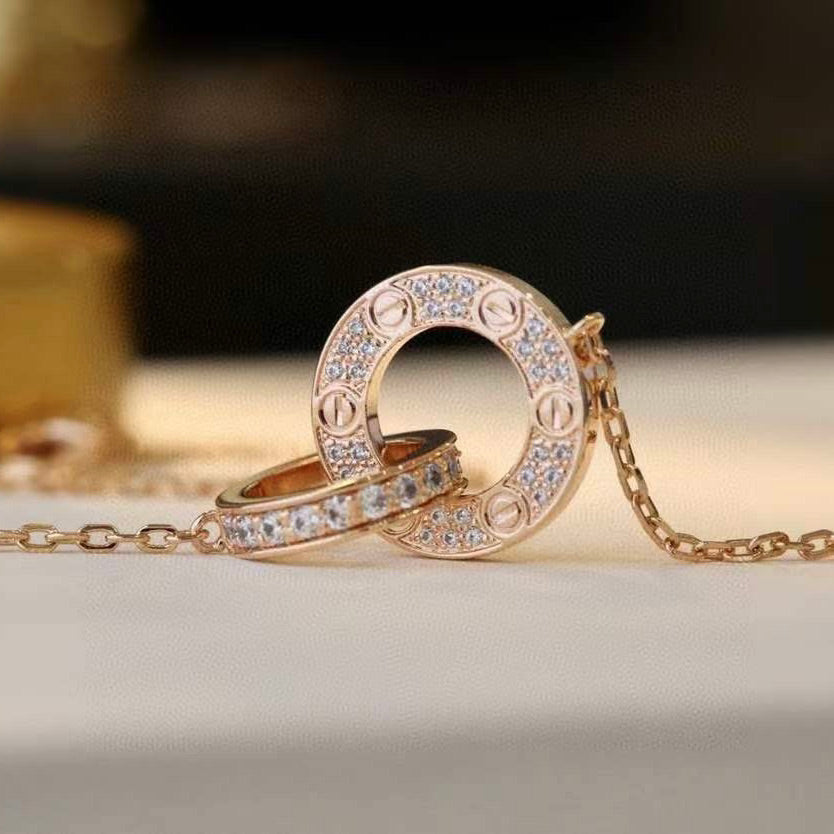 [Clover Jewelrys]LOVE 7.6MM NECKLACE ROSE GOLD AND SILVER  FULL DIAMOND