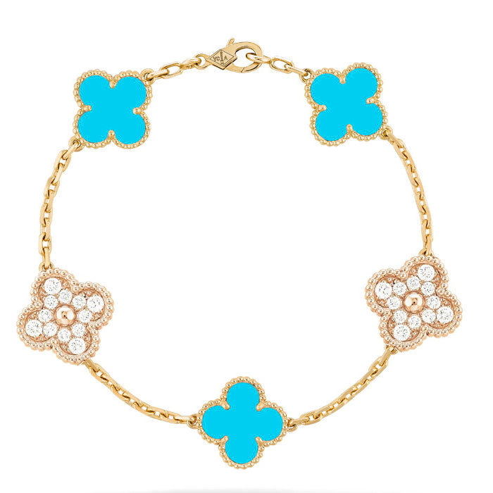 [Clover Jewelrys]CLOVER 5 MOTIF TURQUOISE DIAMOND GOLD BRACELET