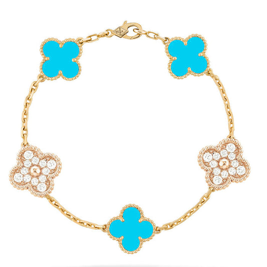 [Clover Jewelrys]CLOVER 5 MOTIF TURQUOISE DIAMOND GOLD BRACELET