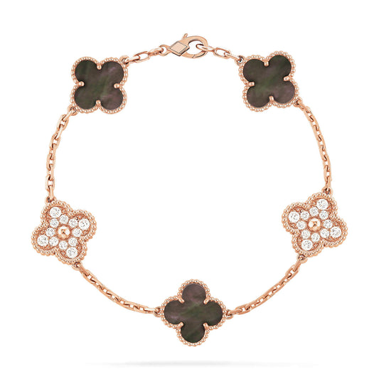 [Clover Jewelrys]CLOVER 5 MOTIFS DARK MOP AND DIAMONDS PINK GOLD BRACELET