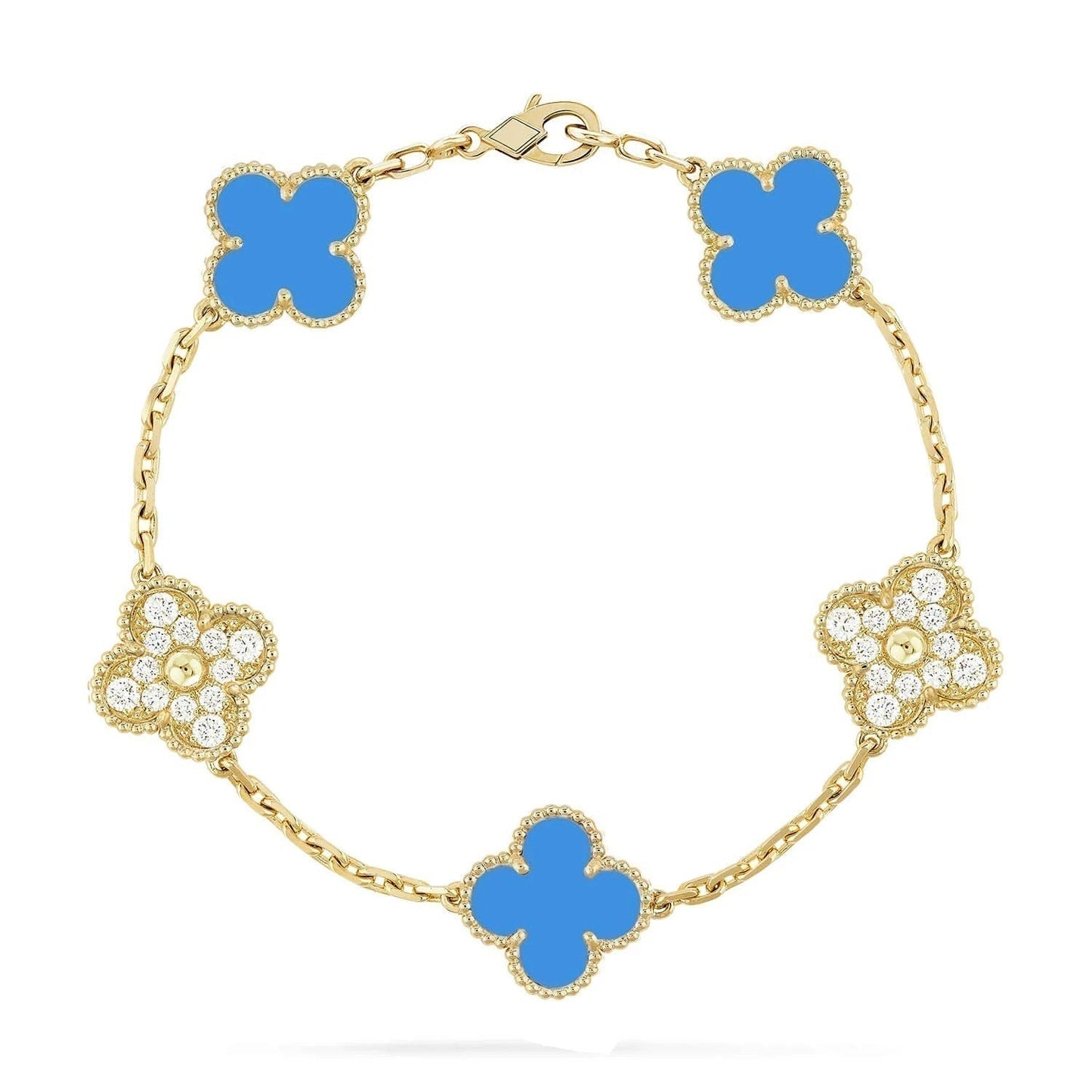 [Clover Jewelrys]CLOVER 5 MOTIF BLUE CHALCEDONY DIAMOND GOLD BRACELET