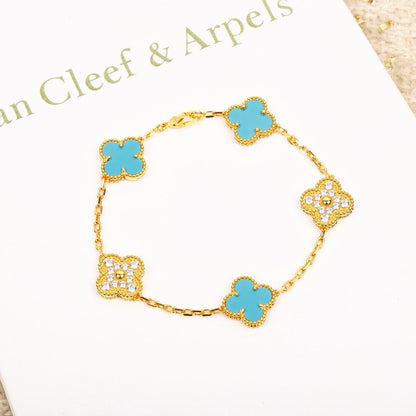 [Clover Jewelrys]CLOVER 5 MOTIF TURQUOISE DIAMOND GOLD BRACELET