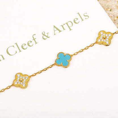 [Clover Jewelrys]CLOVER 5 MOTIF TURQUOISE DIAMOND GOLD BRACELET