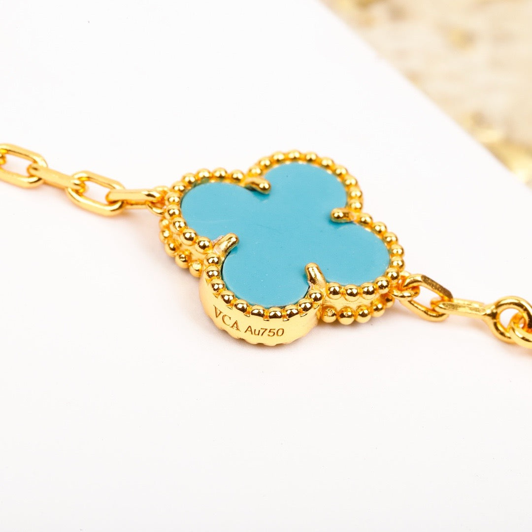 [Clover Jewelrys]CLOVER 5 MOTIF TURQUOISE DIAMOND GOLD BRACELET