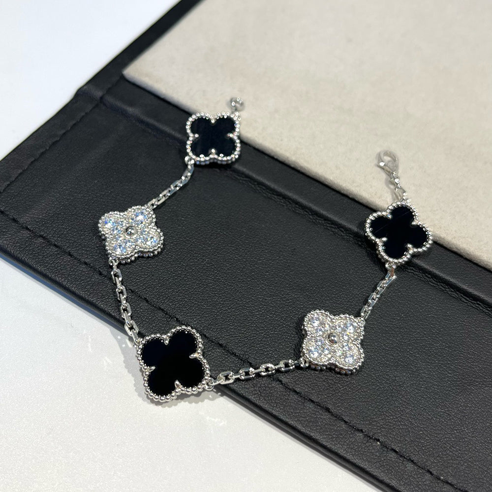 [Clover Jewelrys]CLOVER 5 MOTIF ONYXS DIAMOND BRACELET SILVER