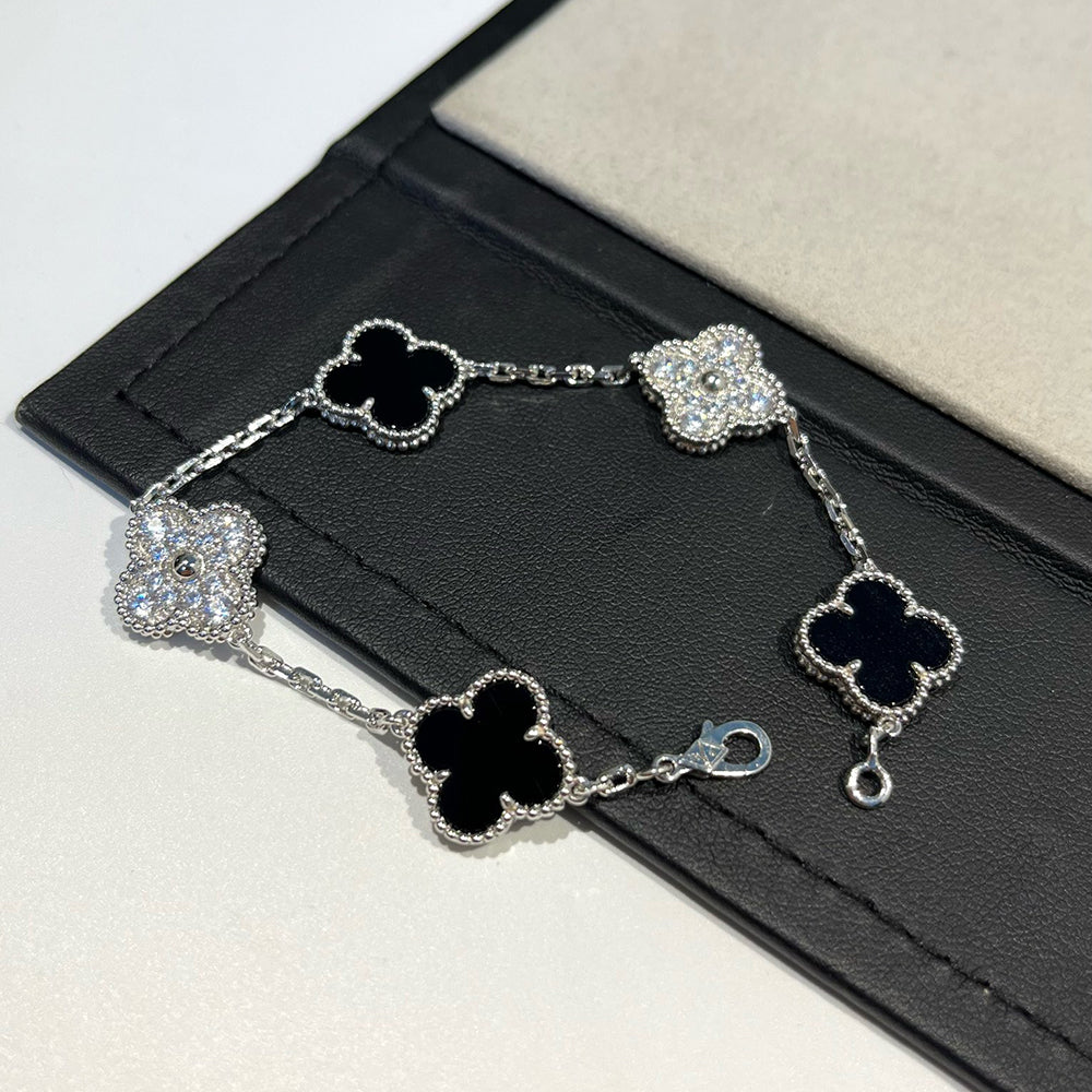 [Clover Jewelrys]CLOVER 5 MOTIF ONYXS DIAMOND BRACELET SILVER