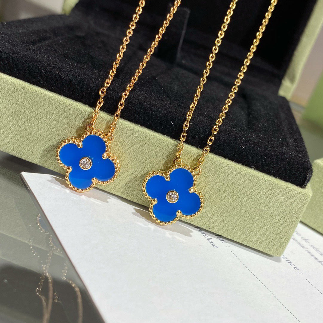 [Clover Jewelrys]CLOVER 15MM DIAMOND AND BLUE AGATE NECKLACE