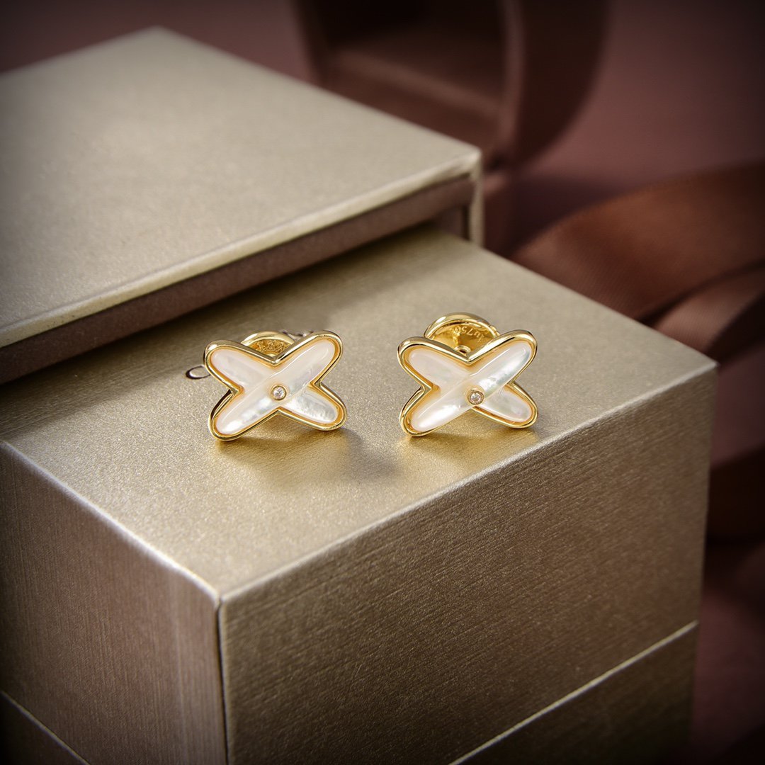 [Clover Jewelrys]JEUX DE WHITE MOP GOLD DIAMOND EARRINGS