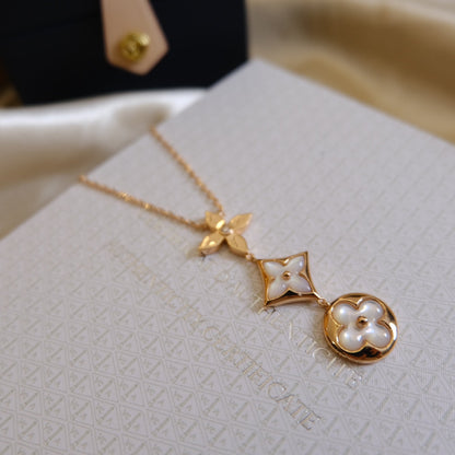 [Clover Jewelrys]COLOR BLOSSOM LARIAT NECKLACE PINK GOLD WHITE MOTHER PEARL AND DIAMOND