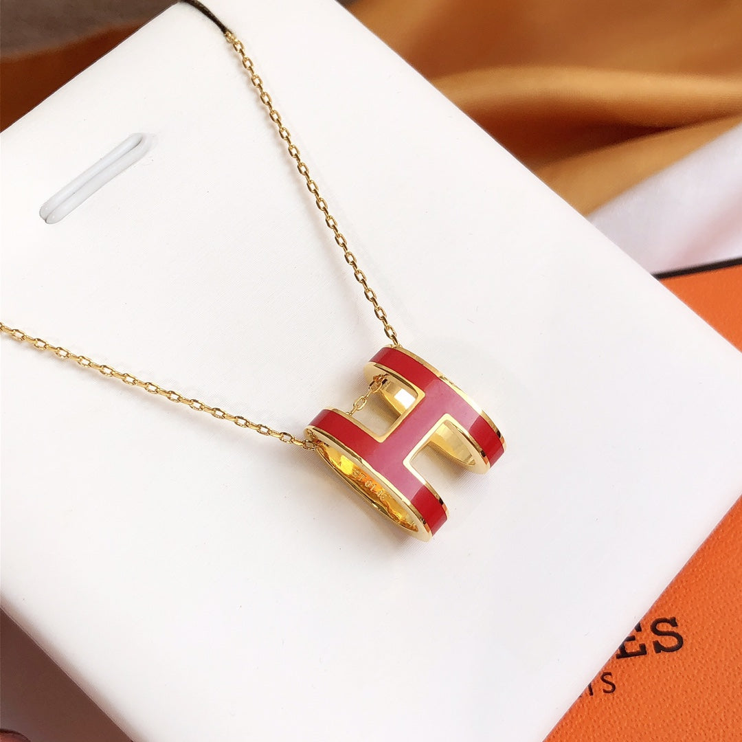 [Clover Jewelrys]HM CLIC RED ENAMEL GOLD NECKLACE