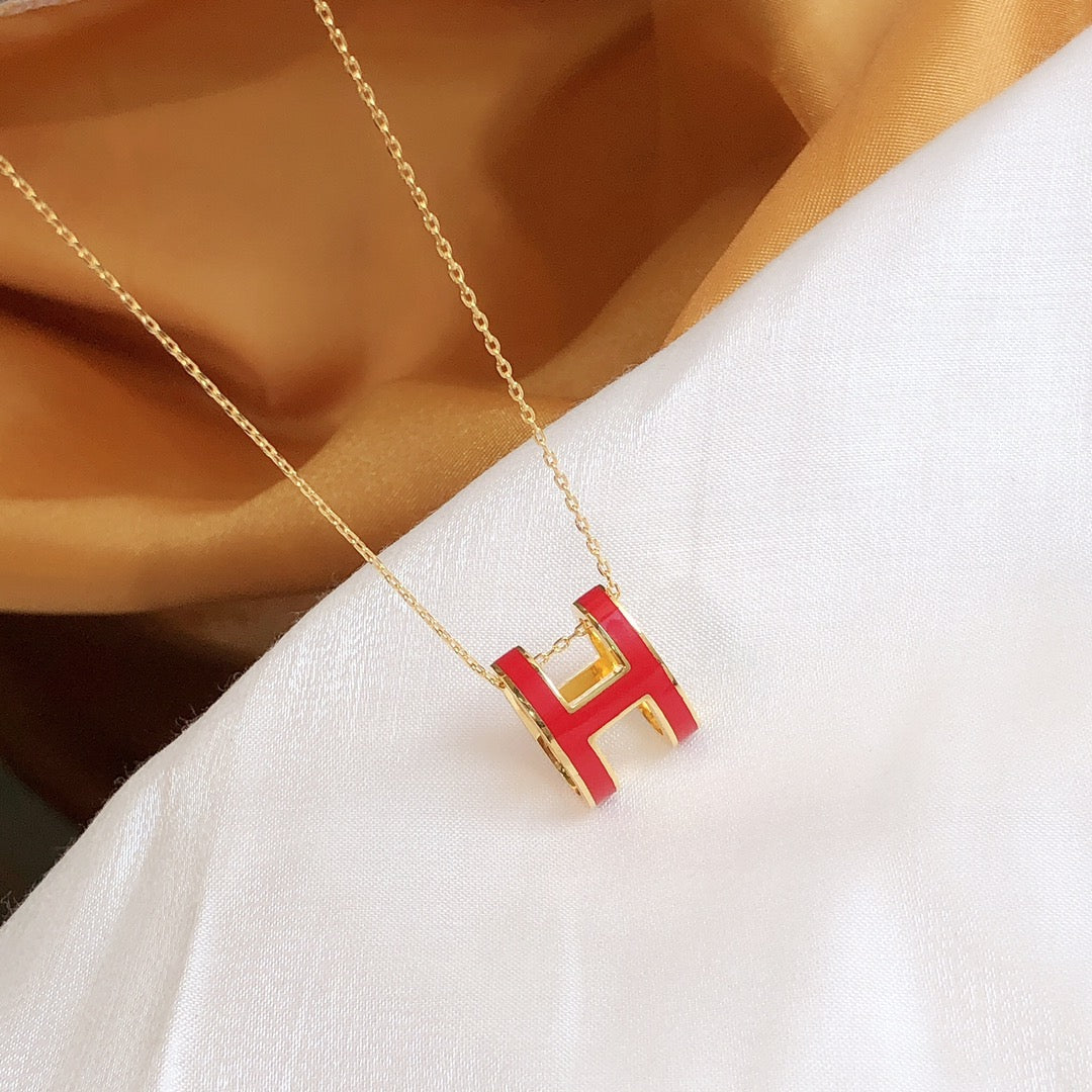 [Clover Jewelrys]HM CLIC RED ENAMEL GOLD NECKLACE