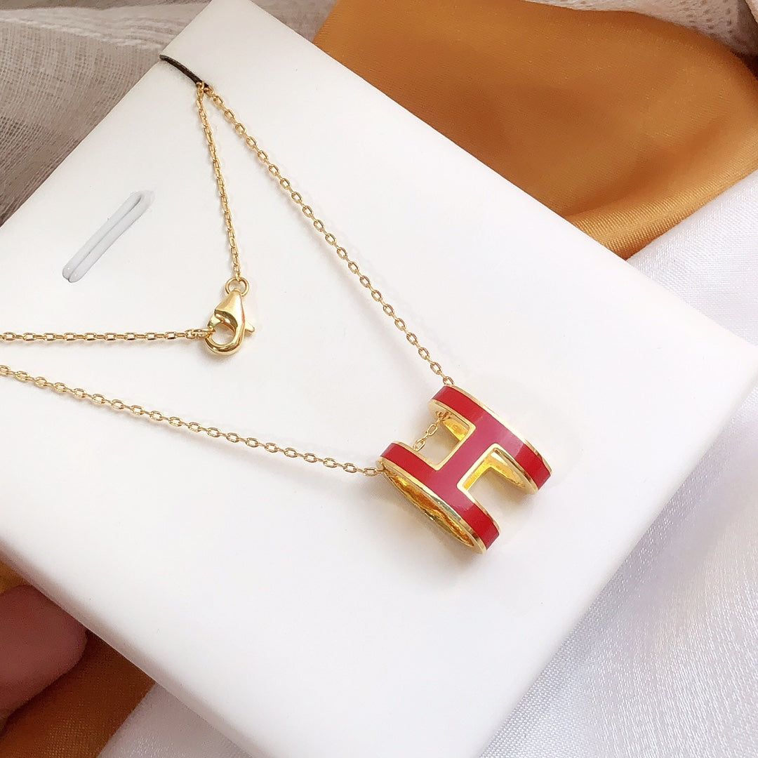 [Clover Jewelrys]HM CLIC RED ENAMEL GOLD NECKLACE