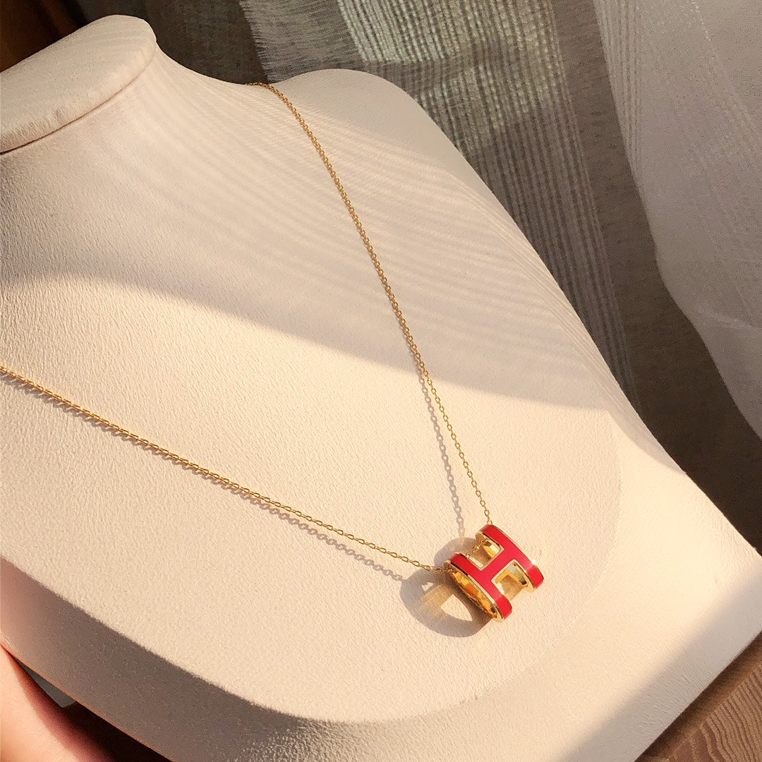 [Clover Jewelrys]HM CLIC RED ENAMEL GOLD NECKLACE