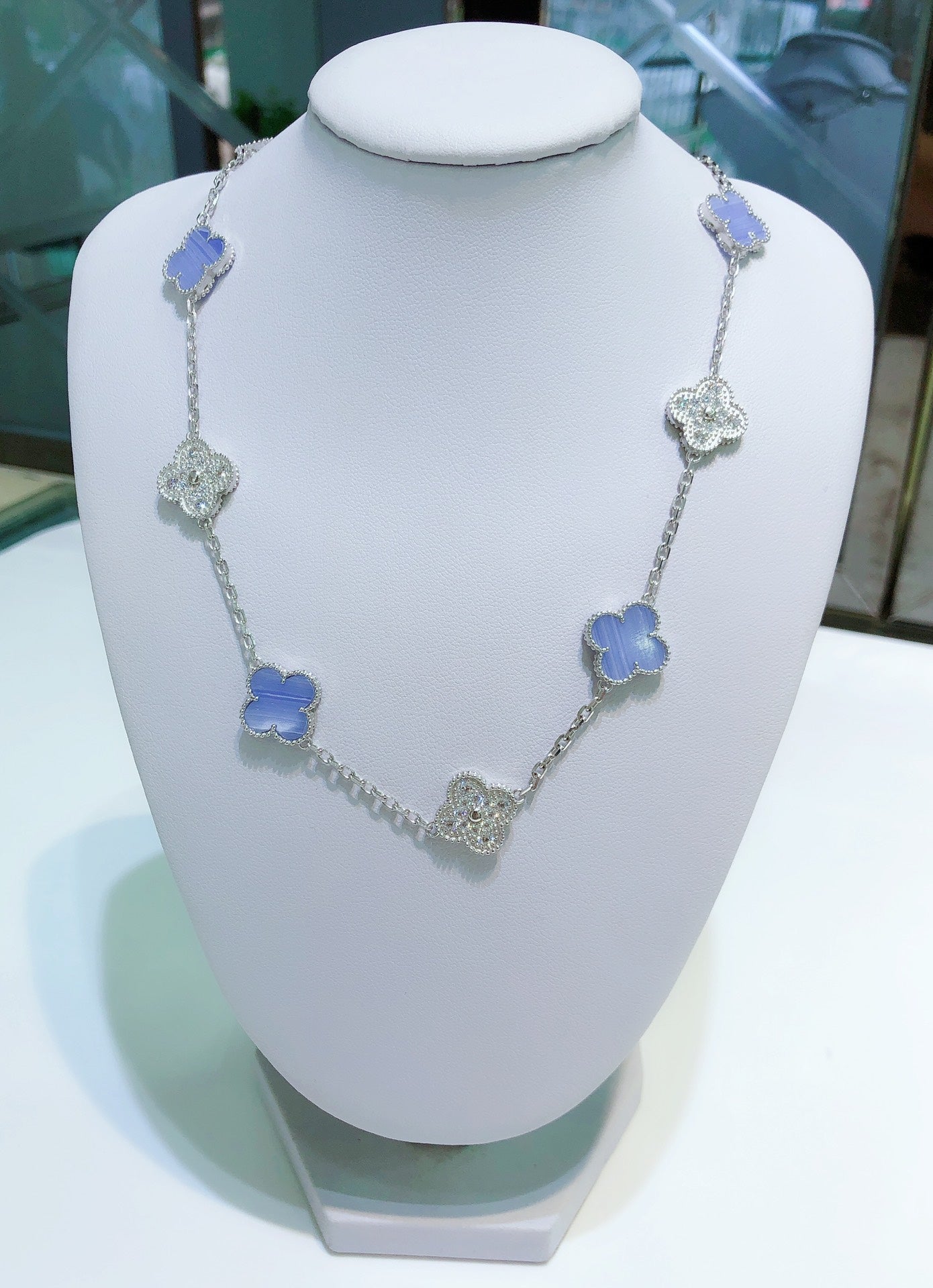 [Clover Jewelrys]CLOVER 10 MOTIFS CHALCEDONY DIAMONDS SILVER NECKLACE