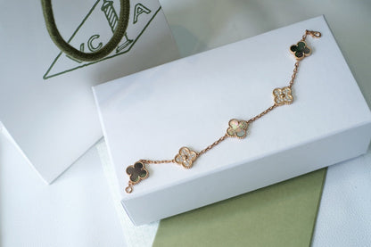 [Clover Jewelrys]CLOVER 5 MOTIFS DARK MOP AND DIAMONDS PINK GOLD BRACELET