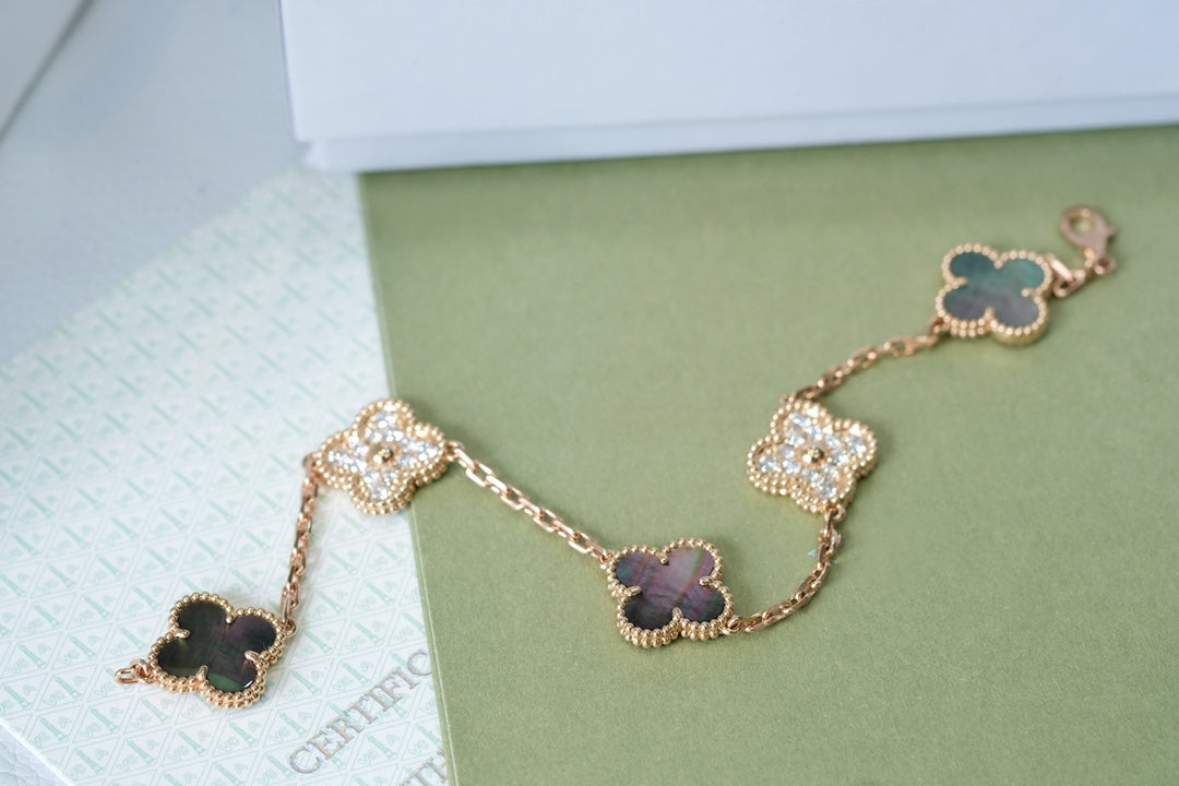 [Clover Jewelrys]CLOVER 5 MOTIFS DARK MOP AND DIAMONDS PINK GOLD BRACELET