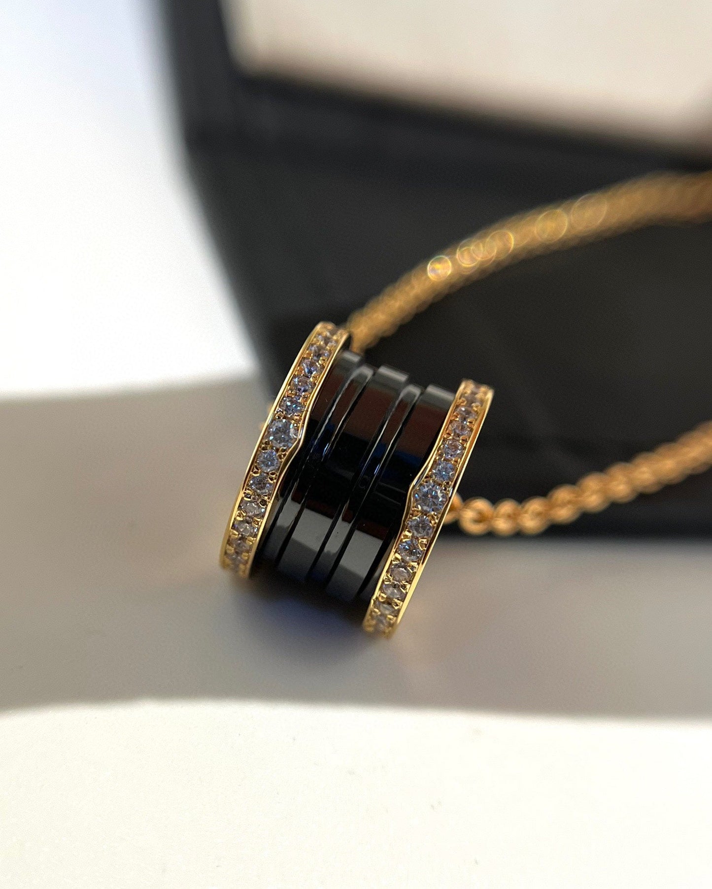 [Clover Jewelrys]ZERO 1 BLACK CERAMIC DIAMOND PINK GOLD NECKLACE