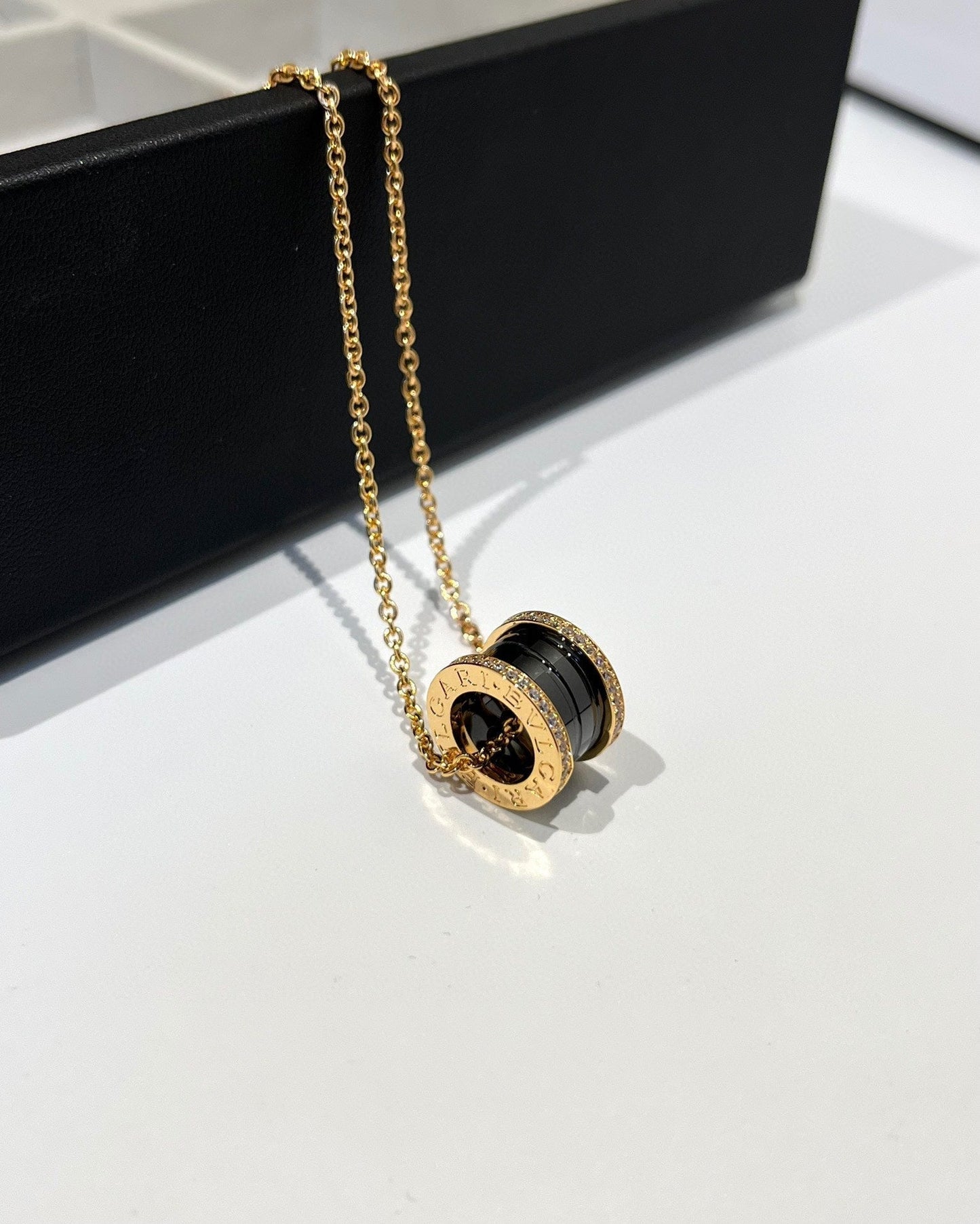 [Clover Jewelrys]ZERO 1 BLACK CERAMIC DIAMOND PINK GOLD NECKLACE