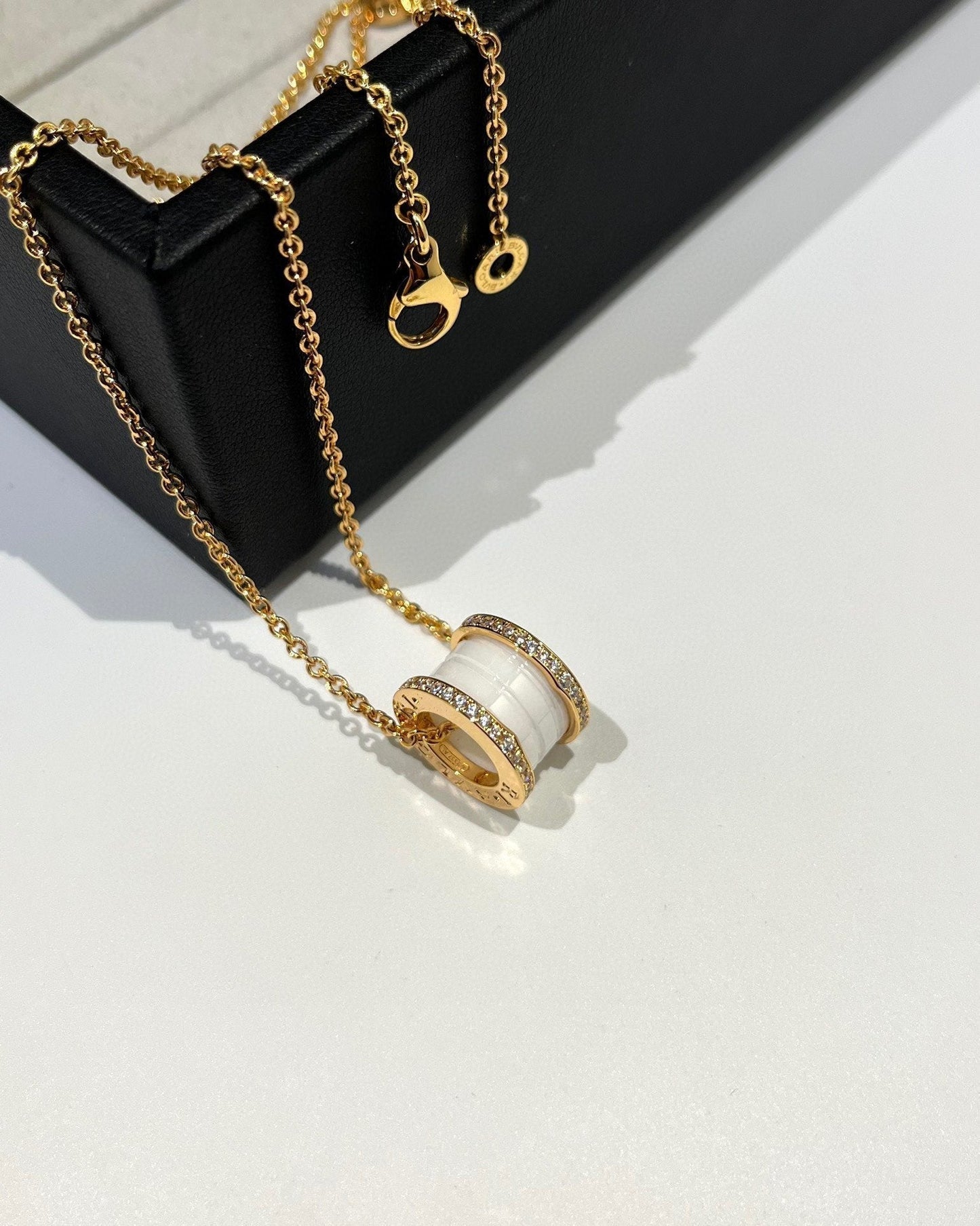 [Clover Jewelrys]ZERO 1 WHITE CERAMIC DIAMOND PINK GOLD NECKLACE